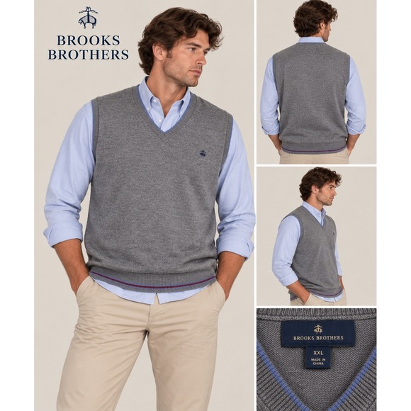 V-neck Other - Brooks Brothers Mens XXL Extra Fine Merino Wool V-Neck Sweater Vest Grey